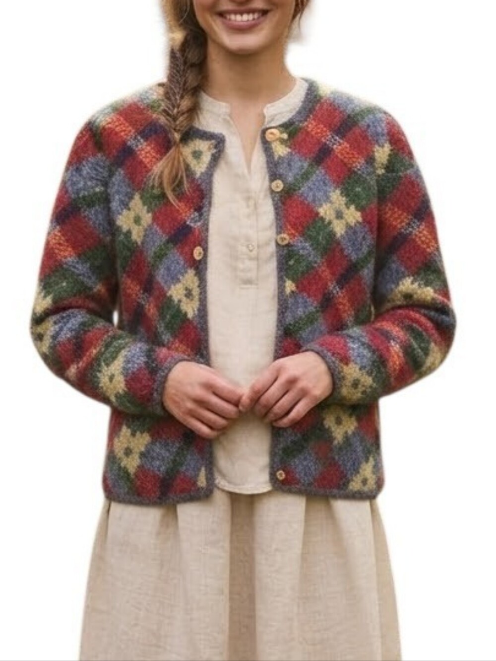 Vintage 90s Northern Isles Cardigan Sweater Antique Red Twist Plaid Multicolor M